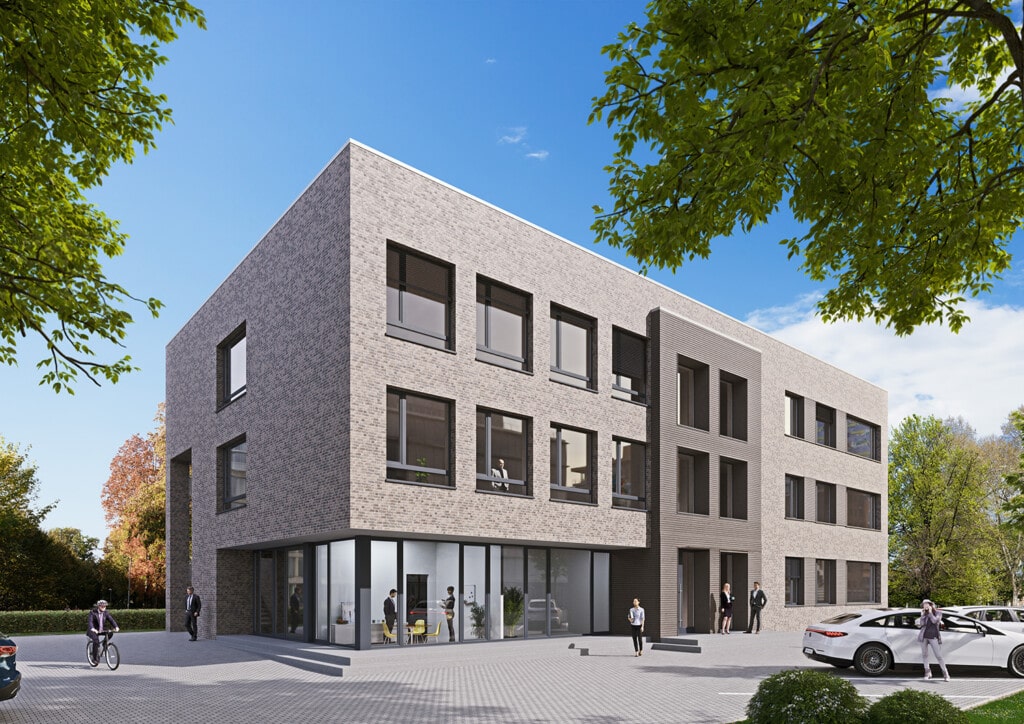 Rendering eines modernen Bürogebäude in kubischer Architektur. Sommerstimmung, und repräsentativer Eingangsbereich.