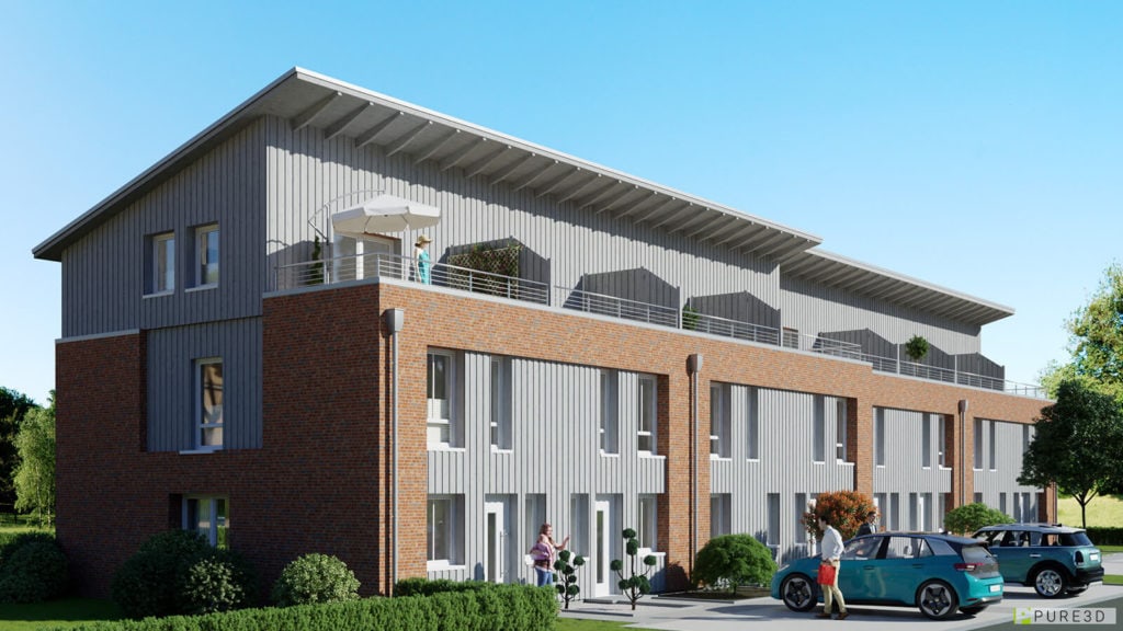 Realistisches 3D-Rendering eines Reihenhaus mit Holzschalung. Eingangssituation