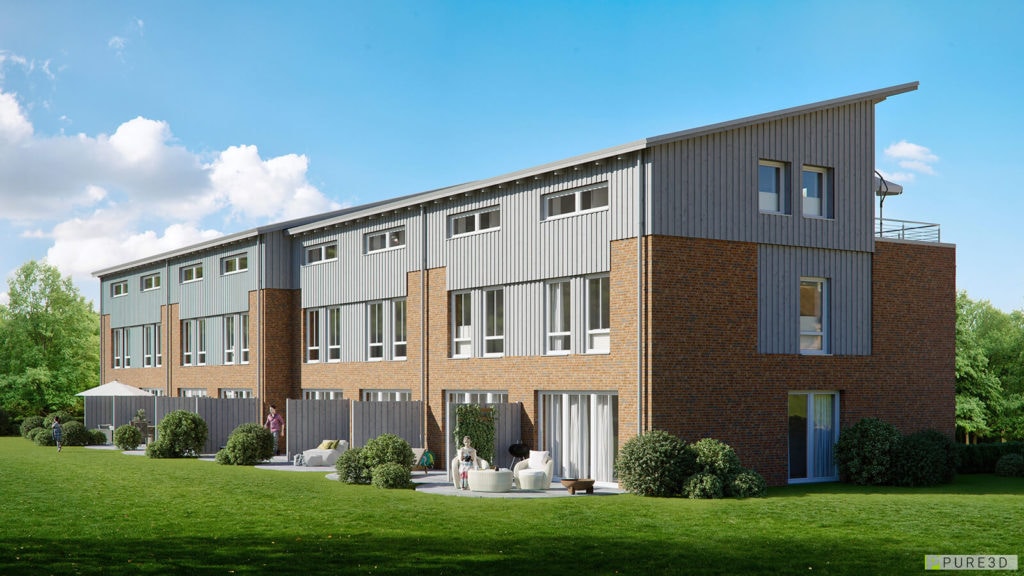 Realistisches 3D-Rendering eines Reihenhaus mit Holzschalung. Weitsicht auf Garten und Umgebung