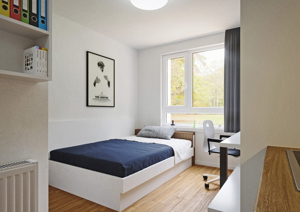 Fotorealistische 3D-Visualisierung eines Studentenzimmers in einem Studentenwohnheim bei Graz in Österreich. Ansicht auf das Bett