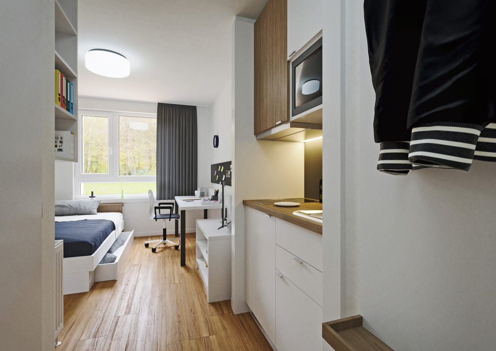 Fotorealistische 3D-Visualisierung eines Studentenzimmer in einem Studentenwohnheim bei Graz in Österreich