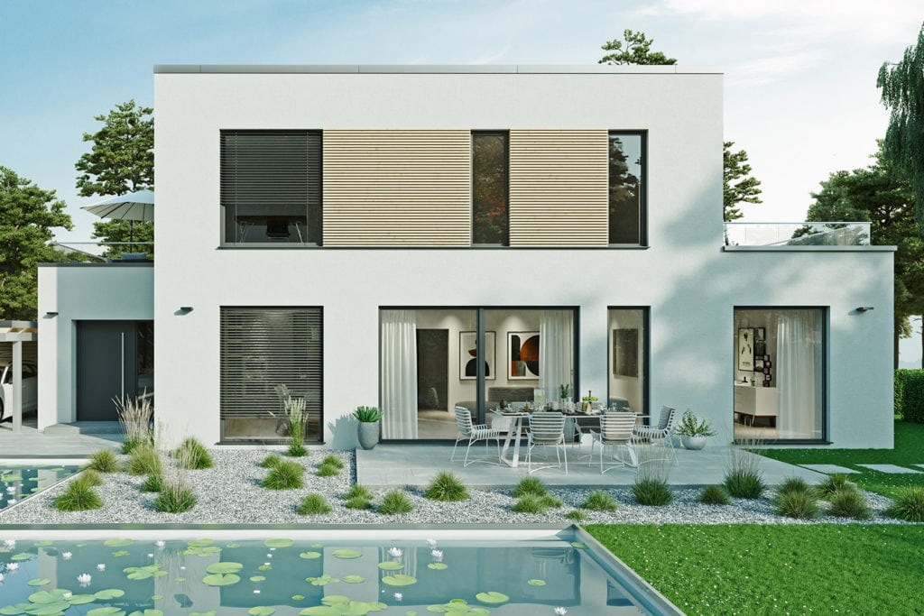 Rendering eines modernen Wohnhauses im Bauhaus-Stil von PURE3D aus Bielefeld