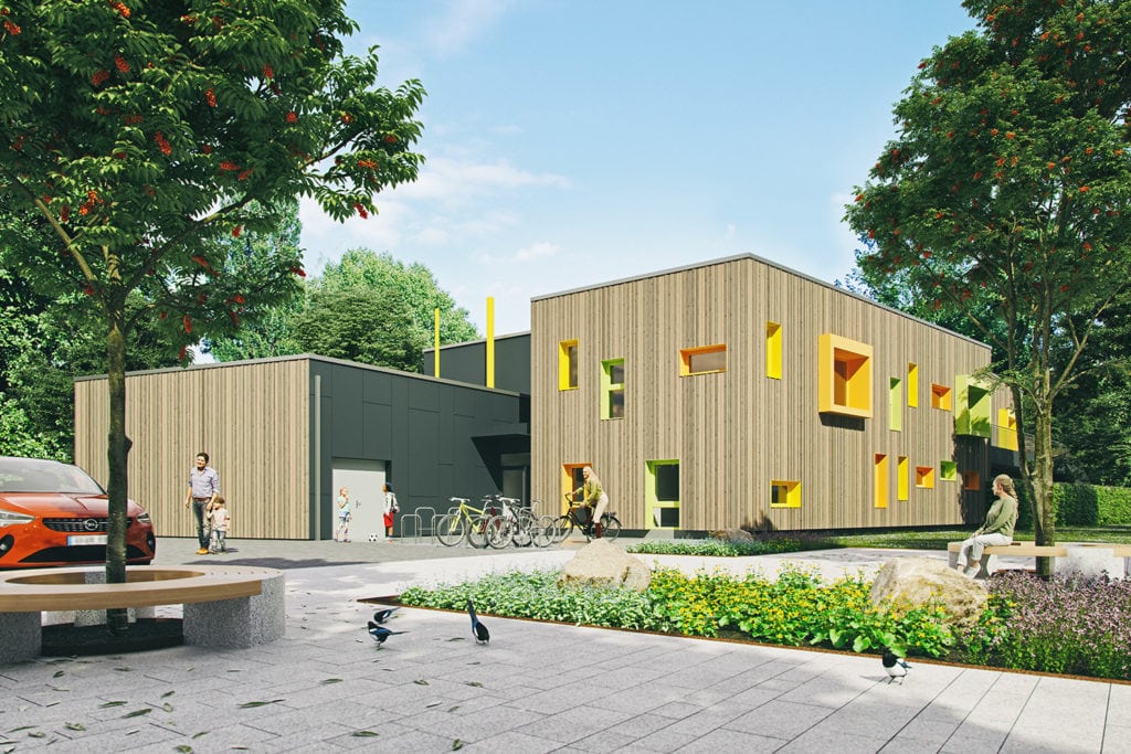 Rendering eines Kindergartens in Duisburg. Gezeigt wird hier der Eingangsbereich angrenzend an einen Park. Von PURE3D Visualisierungen aus Bielefeld