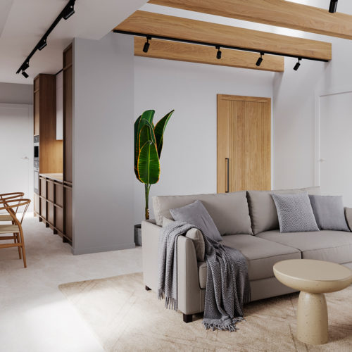 Wohnzimmer-mit-kleinem-Essbereich-in-einer-Dachgeschosswohnung-mit-moderner-Einrichtung-PURE3D-Visualisierung-Render