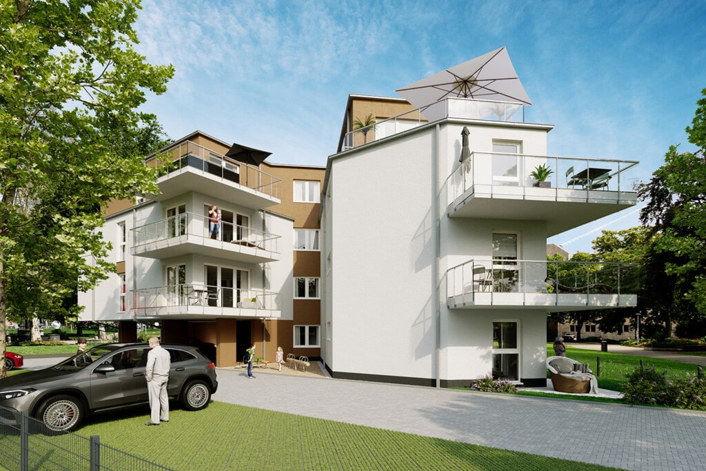 3D Architekturvisualisierung eines Mehrfamilienhauses mit Dachterrasse und Parkplatz aus Rasenstein.