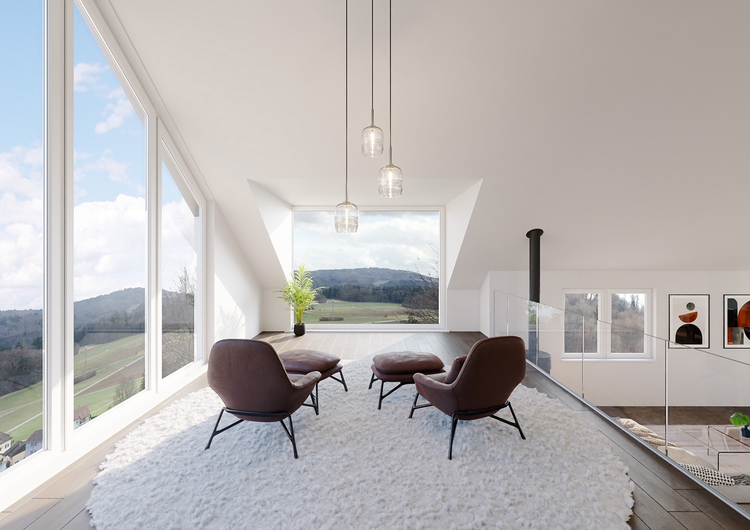 Visualisierung eines Dachgeschosses. Umbau zur Studio-Wohnung. Fotorealistisches Rendering. Blick von der Empore in die Berge.