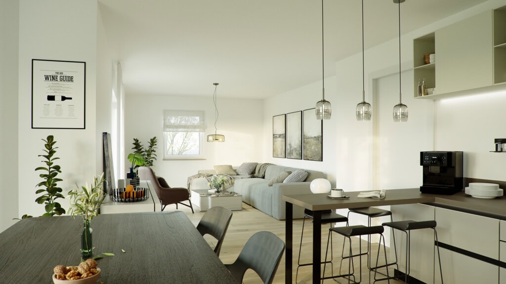 Friedrich-Pogge-Weg-1-PURE3D-Architektur-3D-Visualisierung-Immobilienvisualisierung Wohnzimmer, Esszimmer, Küche, Visualisierung