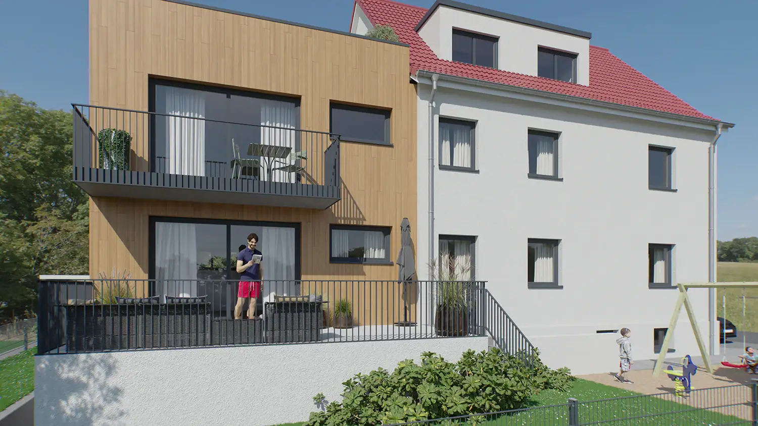 Vorabzug einer Architekturvisualisierung mit Materialien, Licht und Staffage.