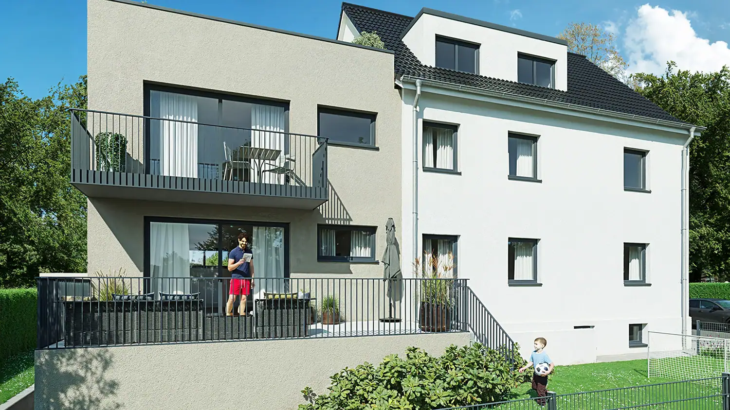 Finale Architekturvisualisierung eines Wohngebäudes nach der Bildbearbeitung.