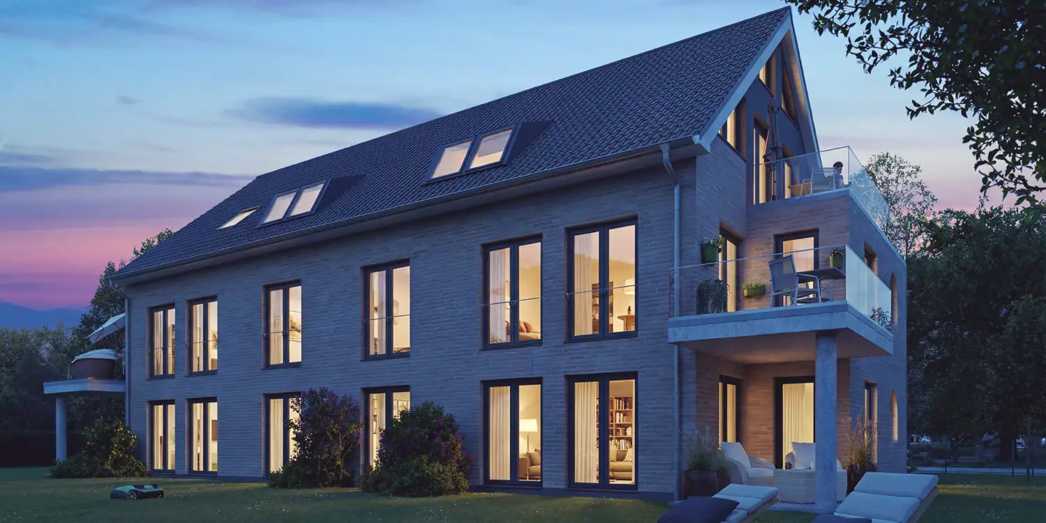 Mehrfamilienhaus in Abendstimmung als 3D-Architekturvisualisierung