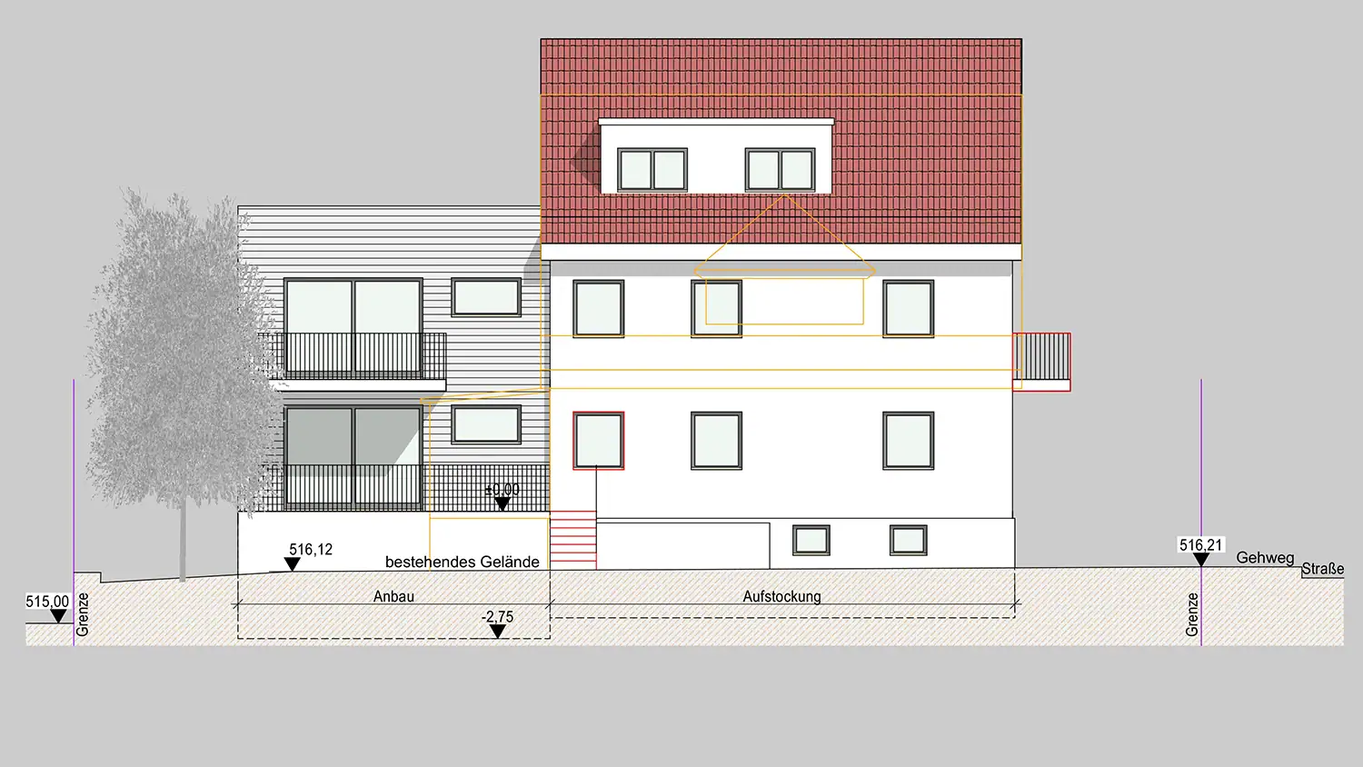 Architekturplan eines Wohngebäudes als Grundlage einer 3D-Visualisierung.