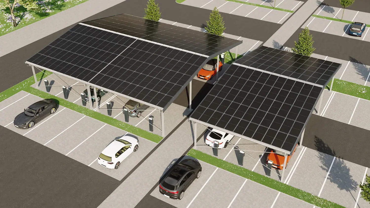 Visualisierung eines Handelsparkplatzes mit Solarcarports in Reihenanordnung