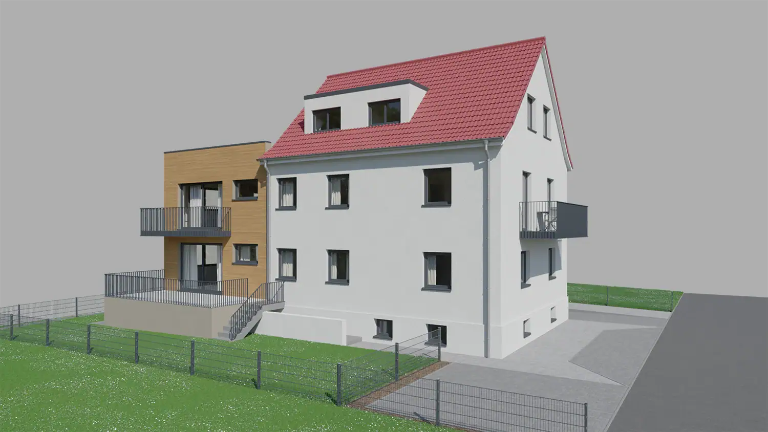 Noch unfertiges 3D-Modell eines Wohngebäudes mit ersten Materialien.
