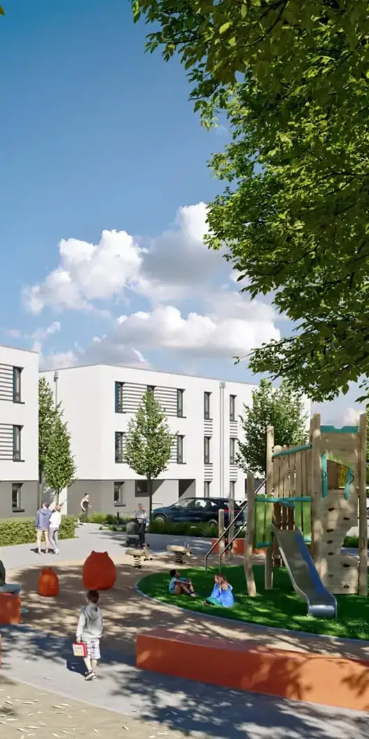 Wohnanlage mit Spielplatz als vertikale 3D-Architekturvisualisierung