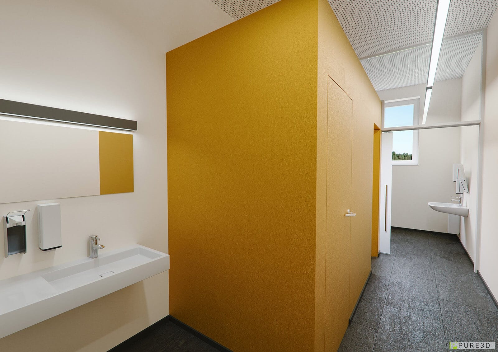 Visualisierung einer Sanitäranlage mit Blick vom Waschtisch auf die WC-Kabinen