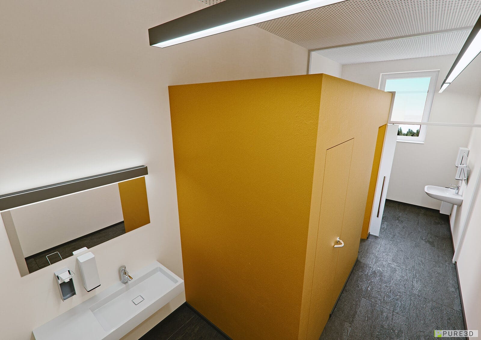 Visualisierung einer Sanitäranlage aus erhöhter Perspektive mit Blick über den gesamten Raum