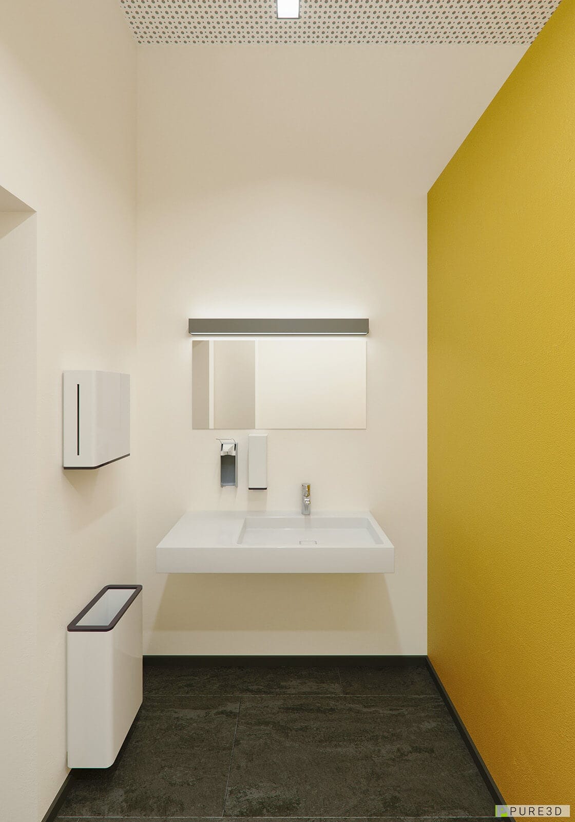 Visualisierung eines Waschtischbereichs mit Armaturen und Spiegel in einer Sanitäranlage