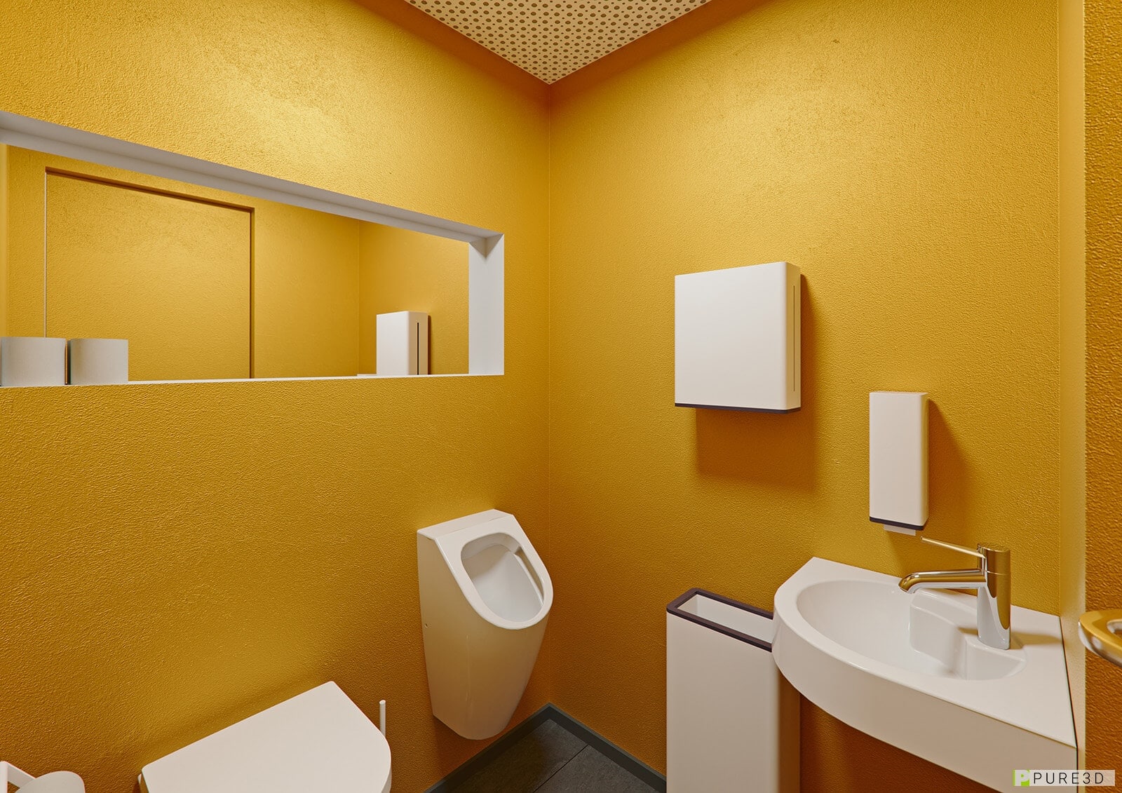 Visualisierung eines WC-Blocks mit goldener Effektbeschichtung und Sanitärausstattung