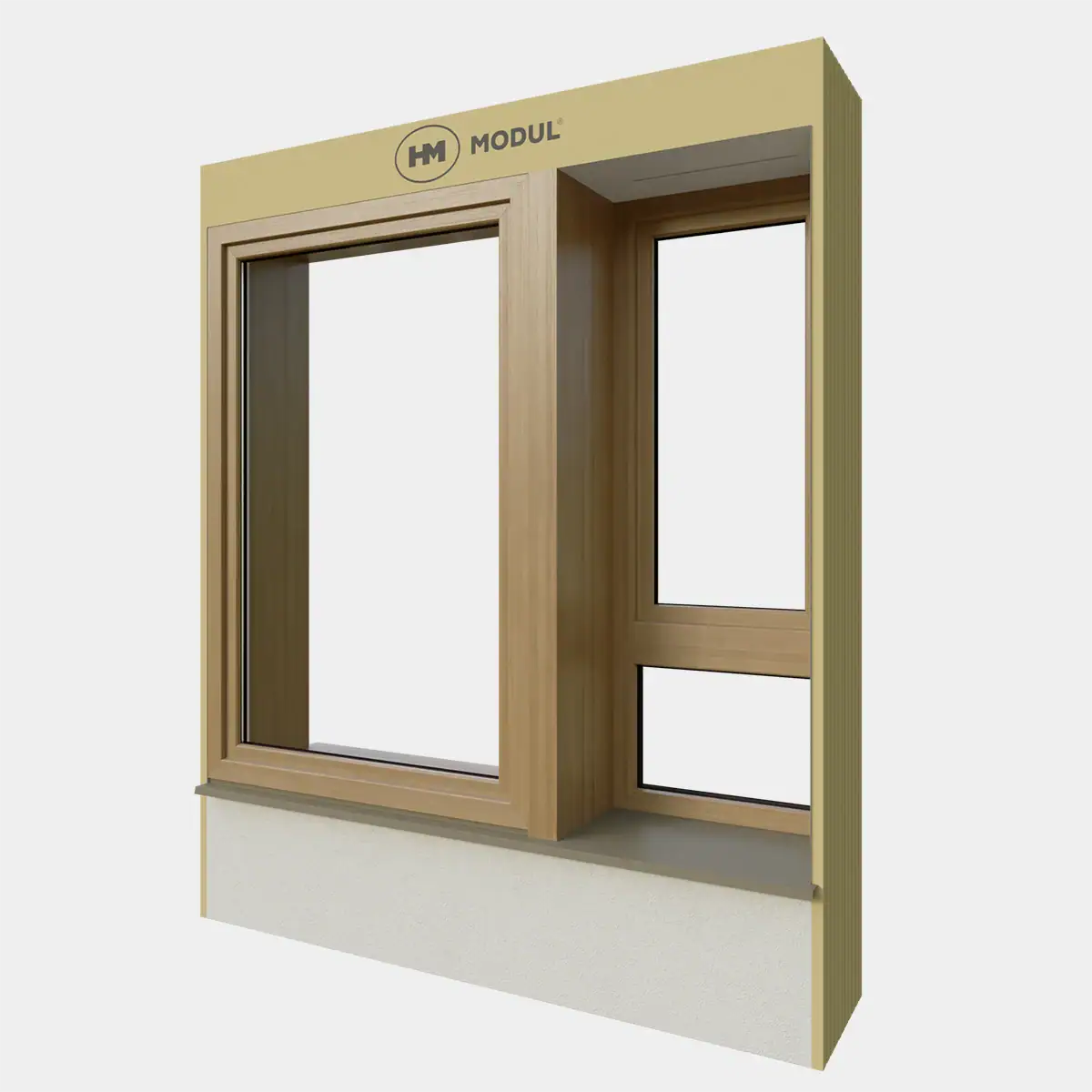 Freisteller eines Sitzfenster-Moduls aus Holz mit seitlicher Verglasung