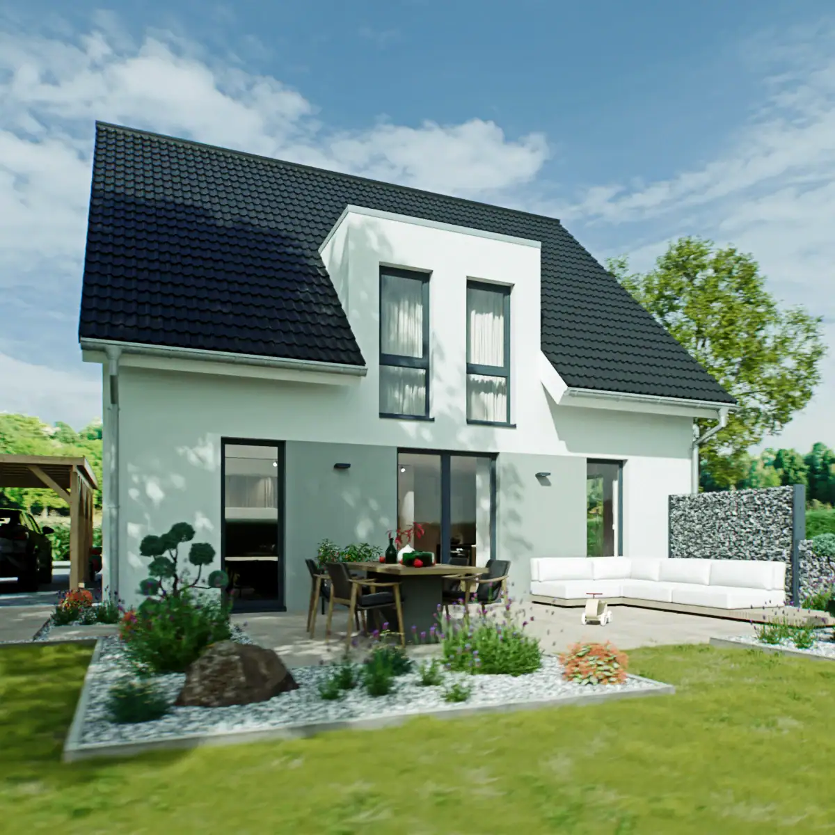 Flythrough-Animation eines Einfamilienhauses im quadratischen Format