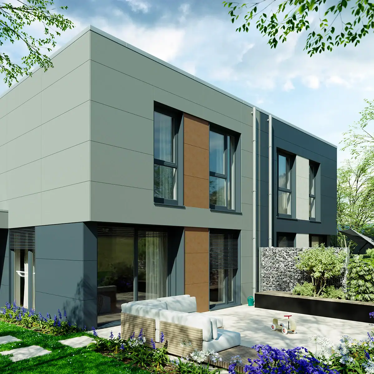 3D-Außenvisualisierung eines Einfamilienhauses mit Garten