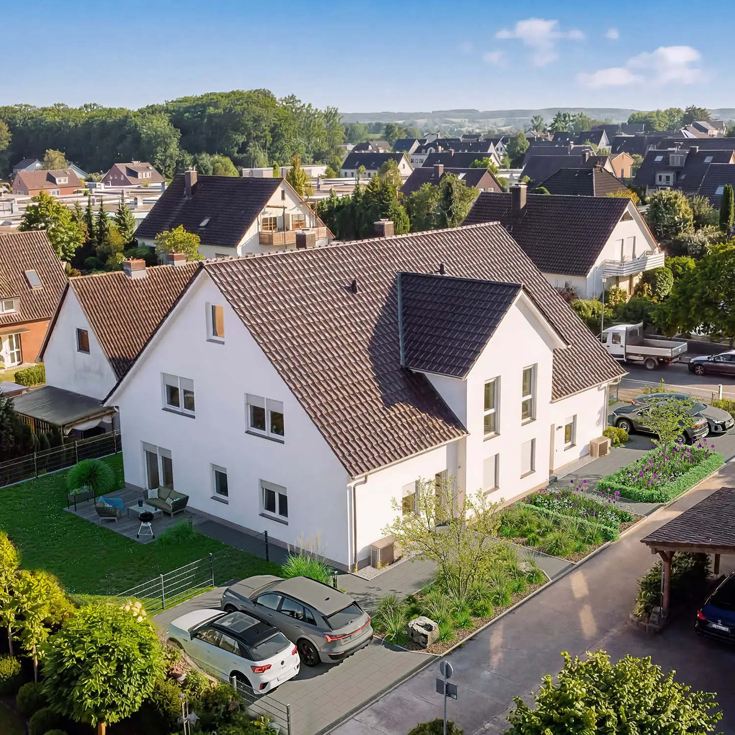 3D-Luftbild und Vogelperspektive eines Immobilienprojekts