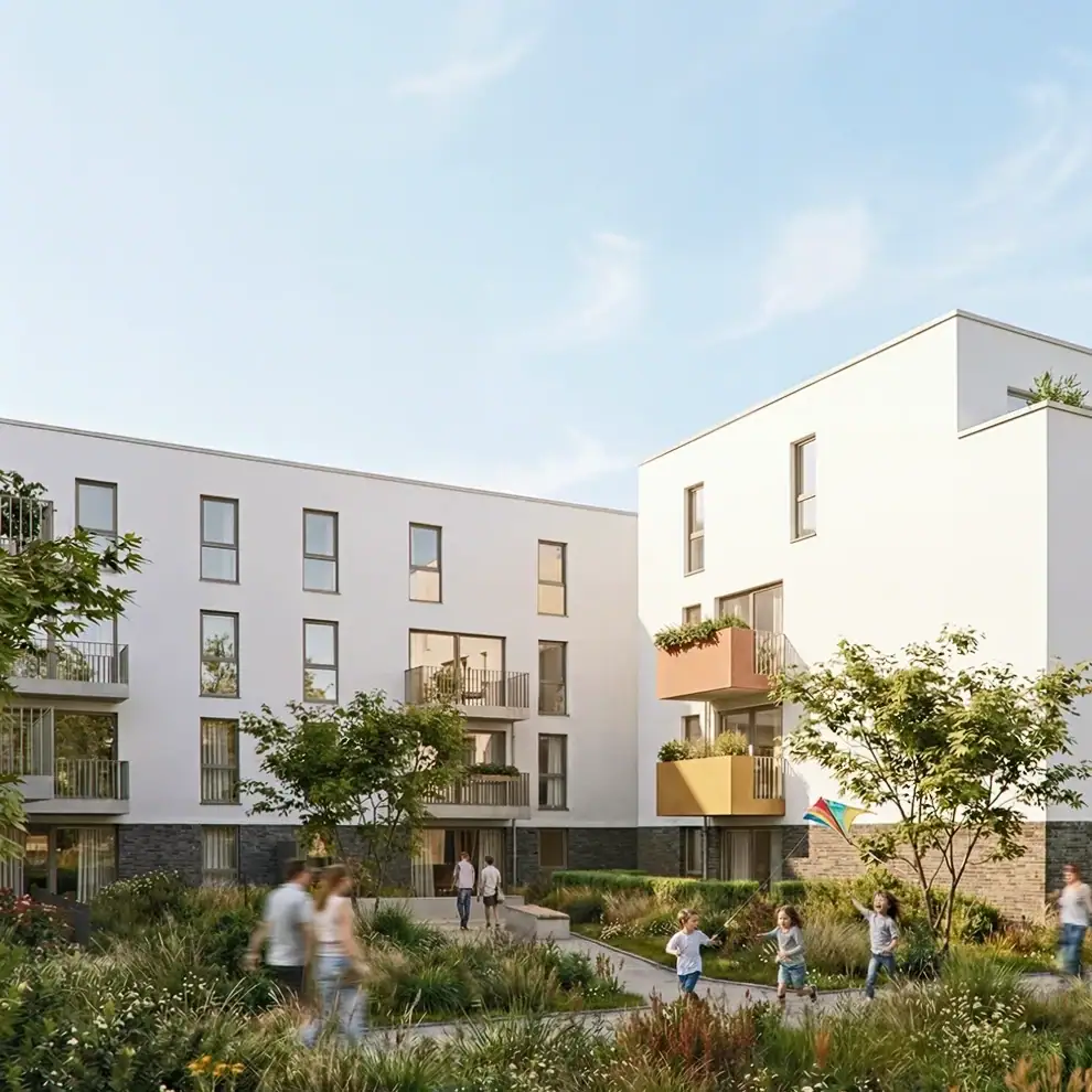 3D-Visualisierung eines Wohnquartiers mit Straßenperspektive