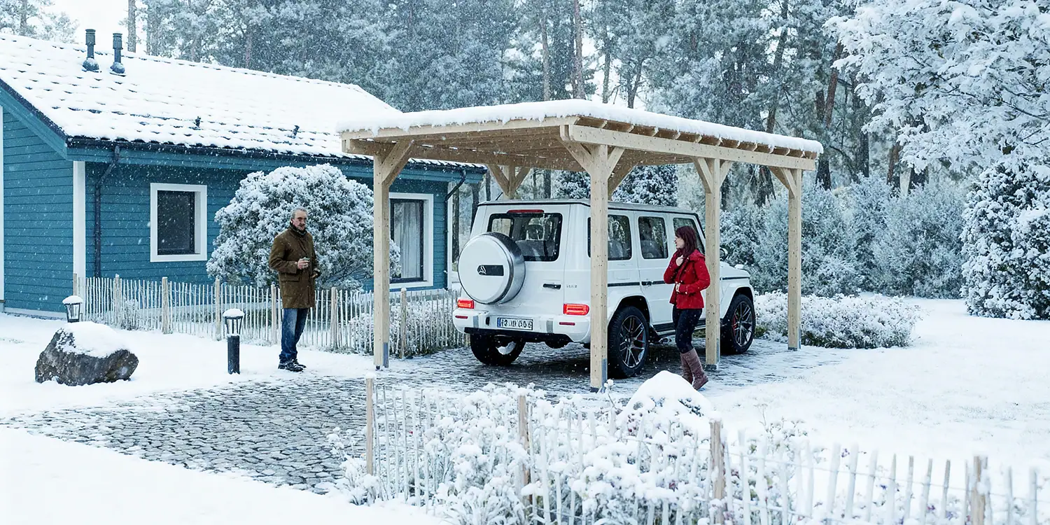 3D-Visualisierung eines Wintercarports im Garten
