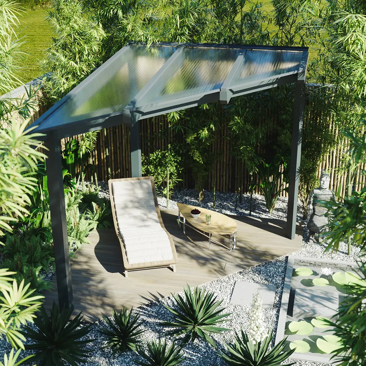 3D-Visualisierung eines Gartenhauses mit Dreiecksdach im quadratischen Format