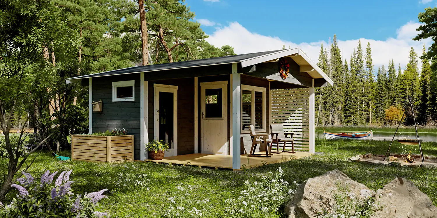 3D-Visualisierung eines Gartenhauses am See als sommerliches 2:1-Milieubild