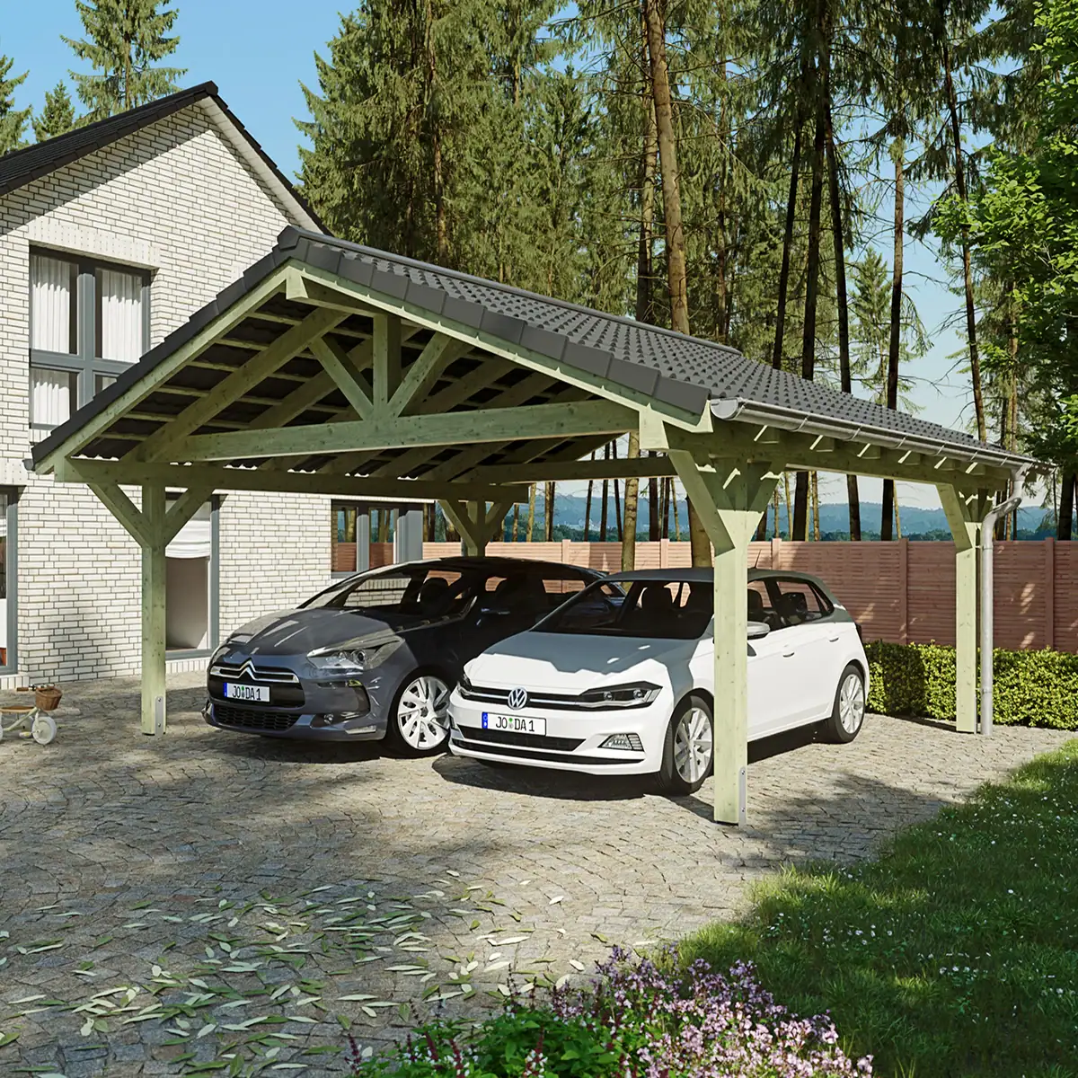 3D-Visualisierung des Gartenhauses Westerland als sommerliches quadratisches Katalogbild
