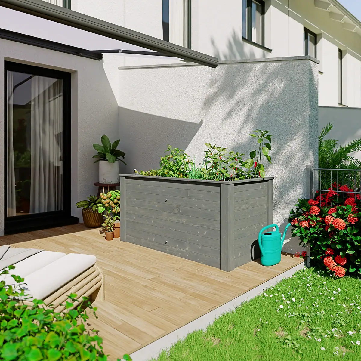 3D-Visualisierung eines Hochbeets als Gartenprodukt im quadratischen Format