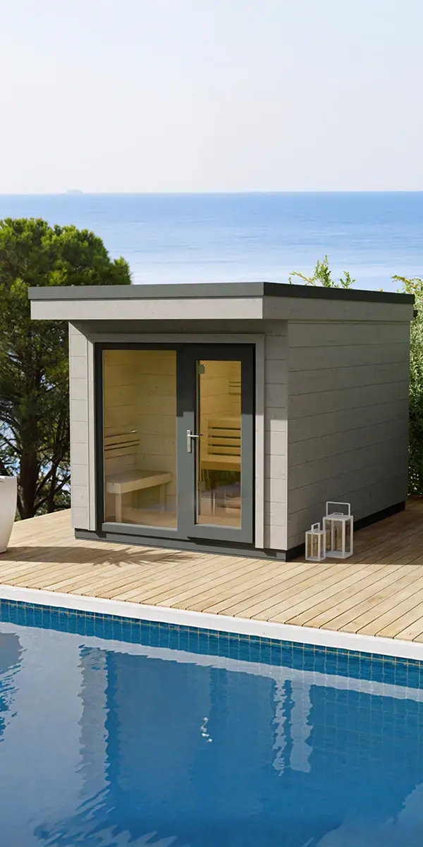Vertikale 3D-Visualisierung eines Saunahauses am Pool