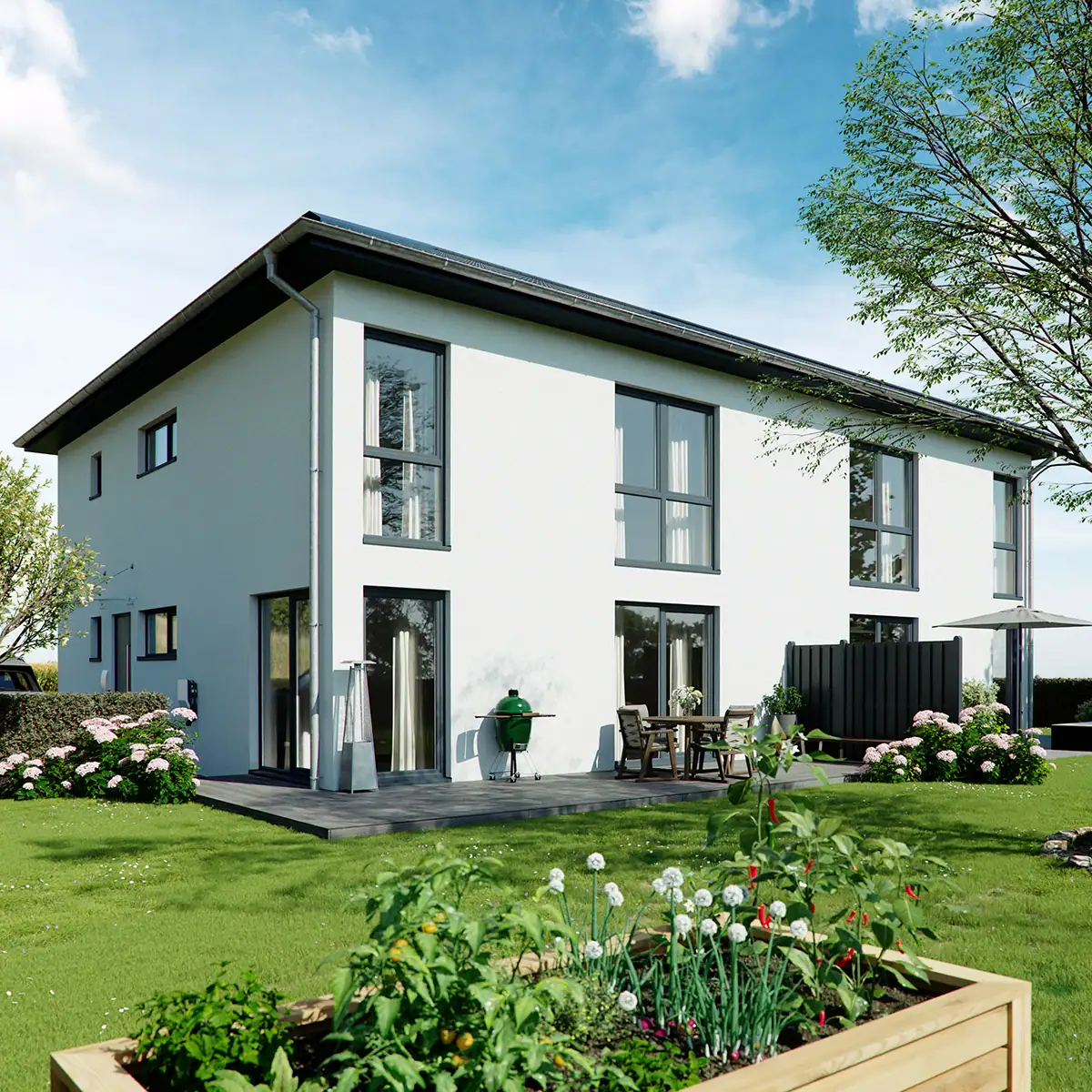 3D-Architekturvisualisierung eines Doppelhauses mit Hochbeet im quadratischen Format