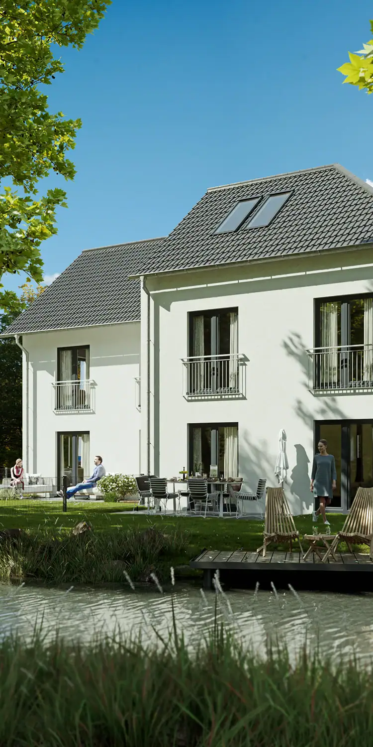 Vertikale 3D-Architekturvisualisierung eines Doppelhauses an Wasser und Fluss