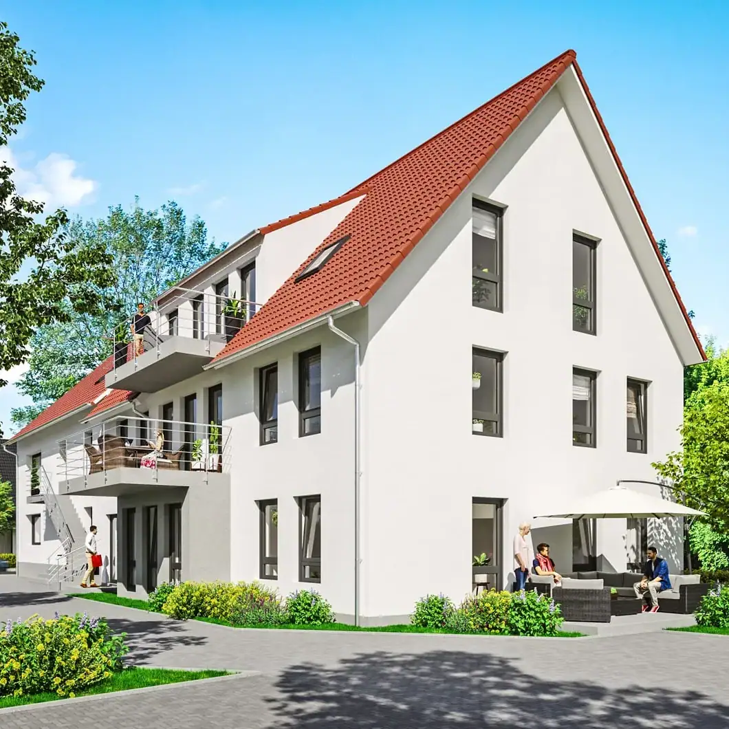 3D-Architekturvisualisierung eines Mehrfamilienhauses mit Eigentumswohnungen im quadratischen Format