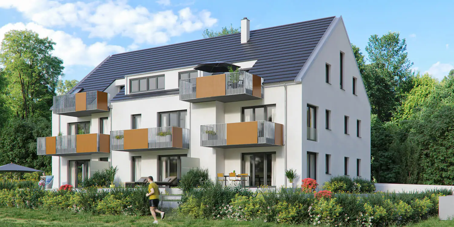 3D-Architekturvisualisierung eines Mehrfamilienhauses am Lärchenbrühl im 2:1-Format