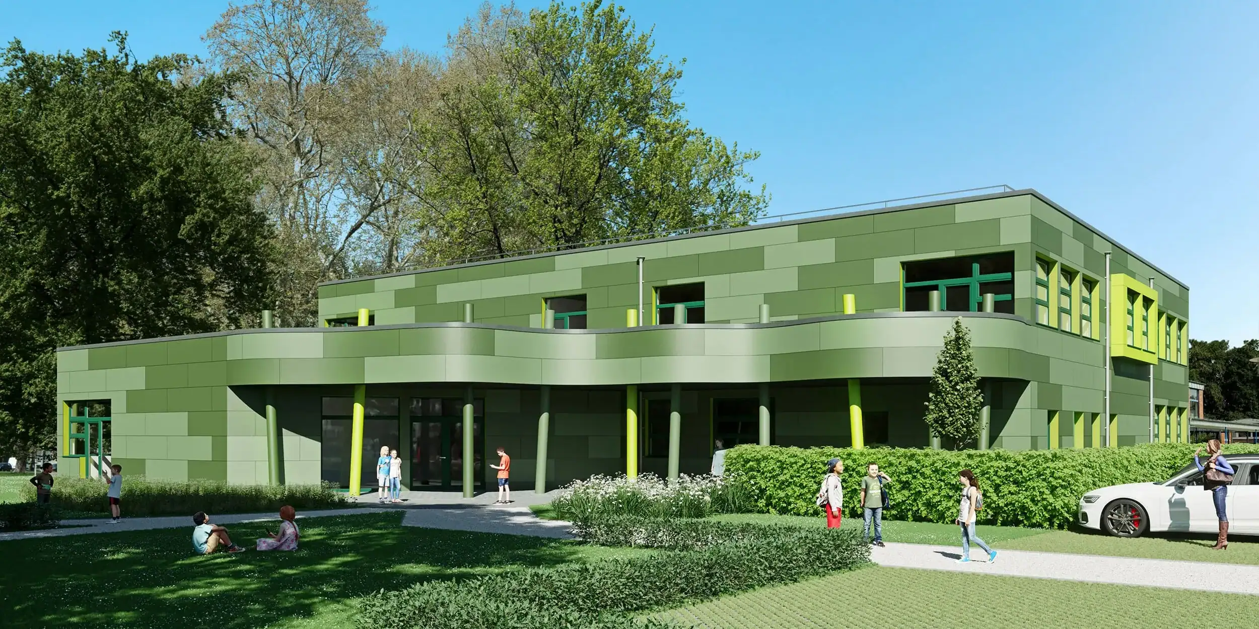 3D-Architekturvisualisierung der Vinhovenschule als Gartenansicht im 2:1-Format