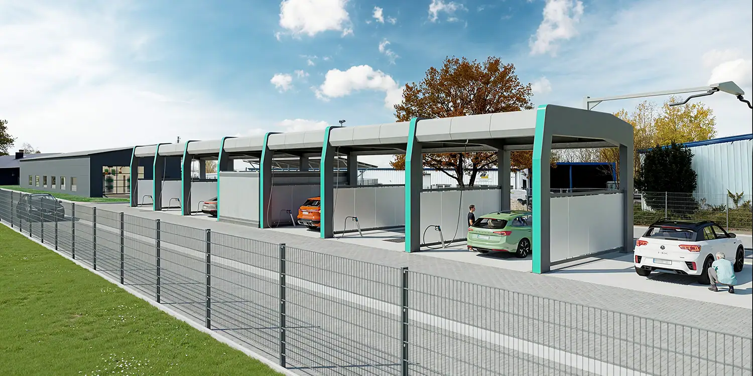 3D-Architekturvisualisierung einer Waschanlage als Gewerbeimmobilie im 2:1-Format