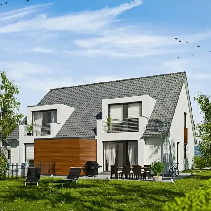 3D-Außenvisualisierung eines Wohnhauses als Beispiel für projektbasierte Kosten