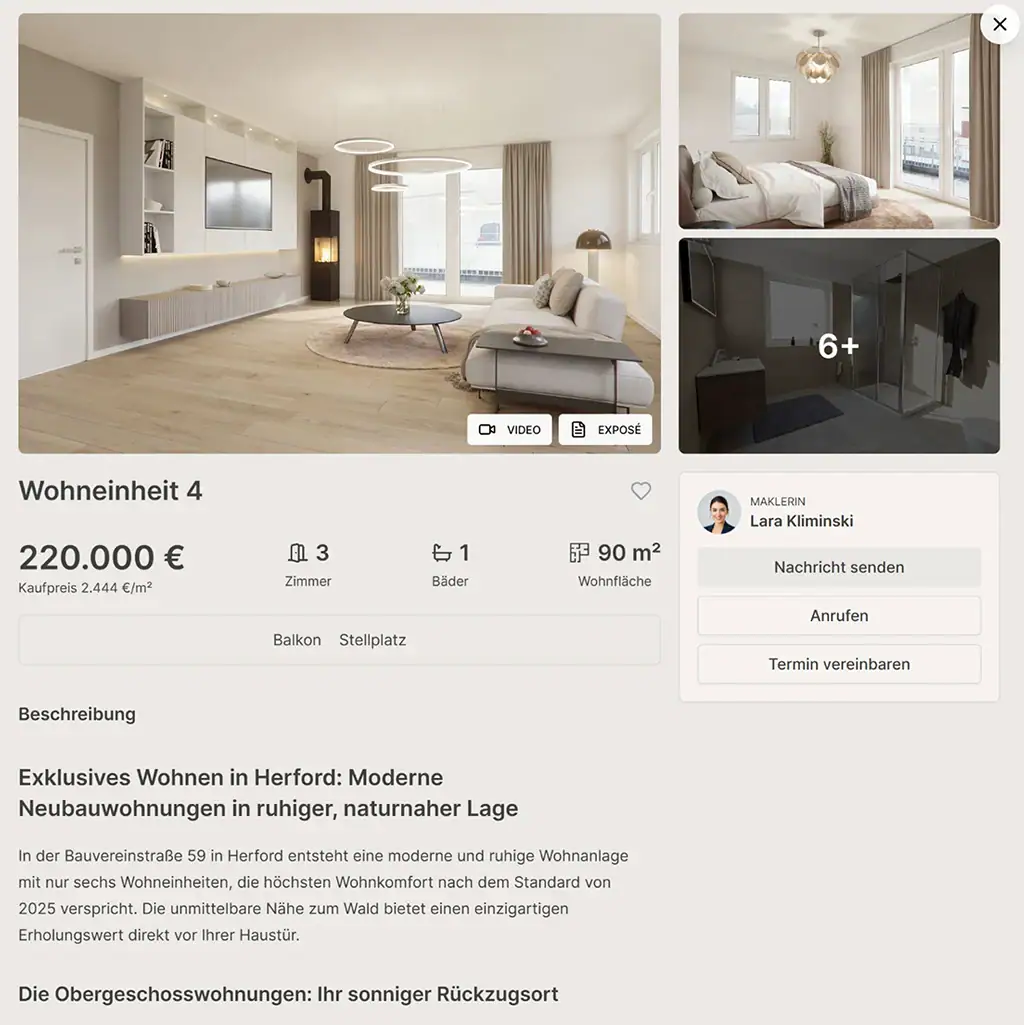 Flatfinder Detailmodal mit UI-Funktionen für ein interaktives Exposé
