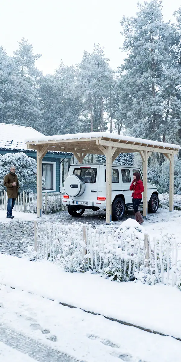 Vertikale 3D-Visualisierung eines Carports im Winter als Gartenprodukt