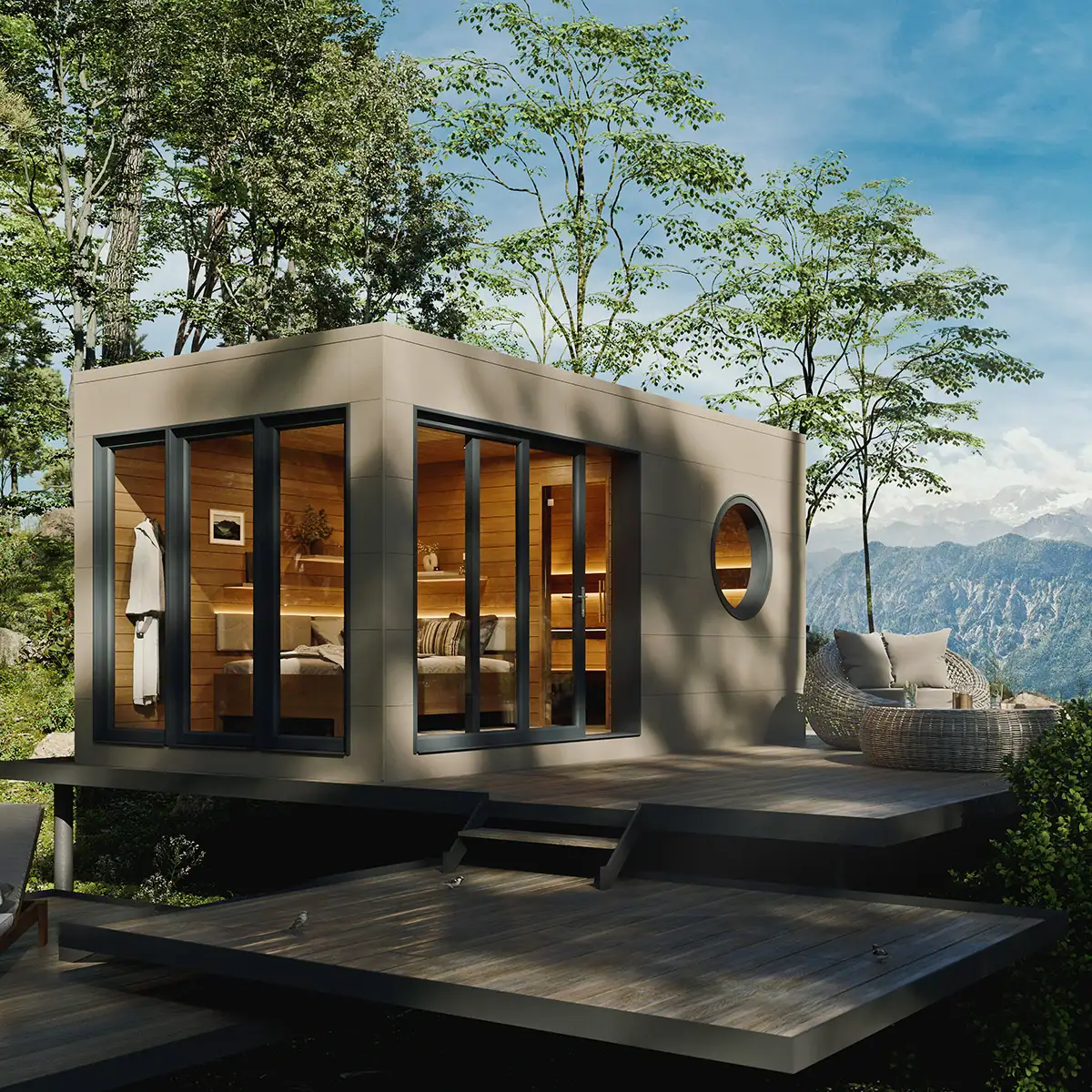 3D-Visualisierung eines Saunahauses als Gartenprodukt im quadratischen Format