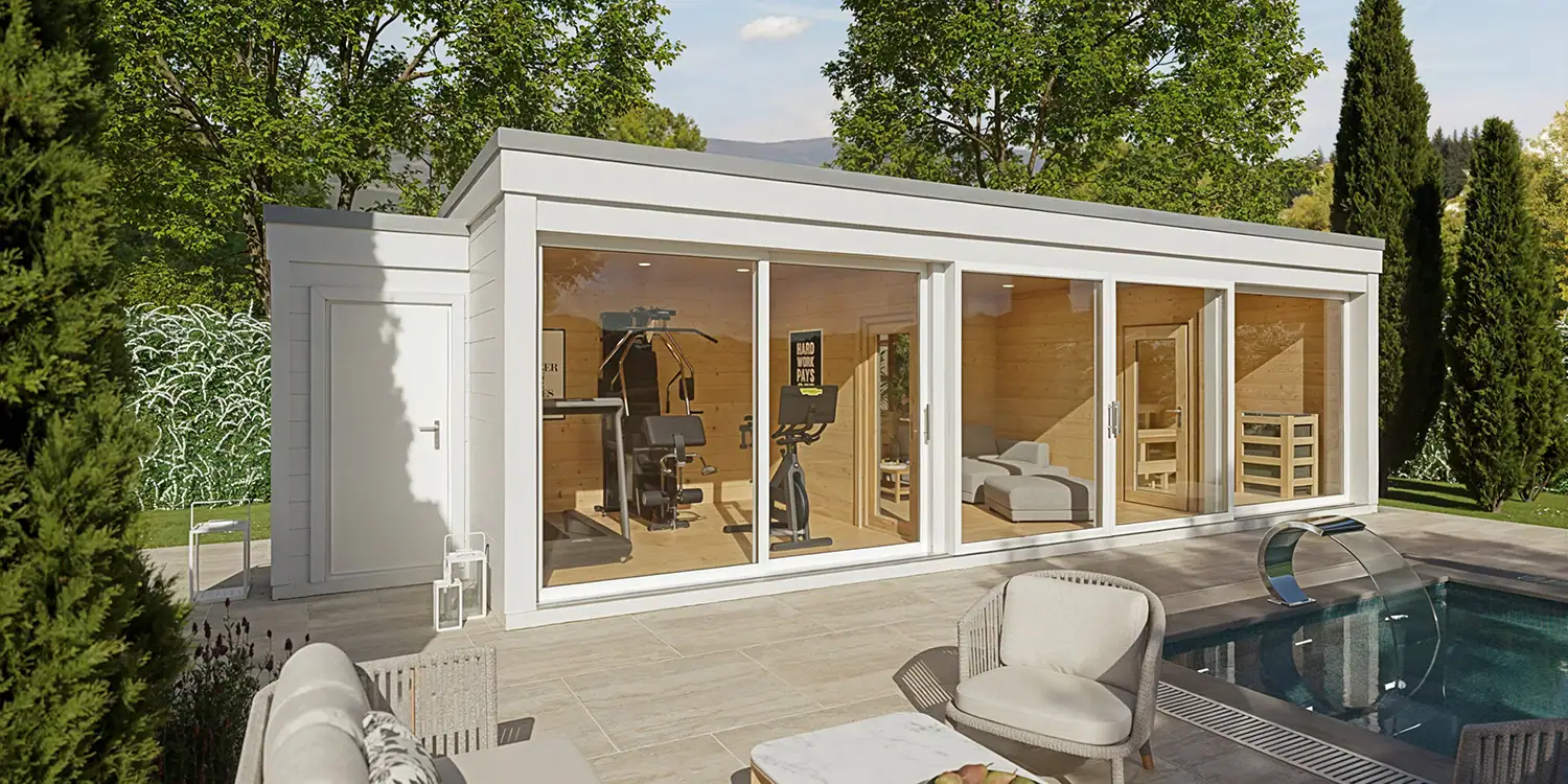 3D-Visualisierung eines Saunahauses mit Fitnessstudio im 2:1-Format