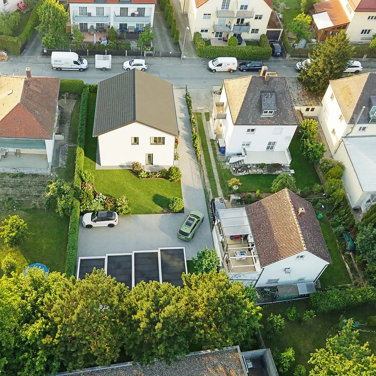 3D-Luftbild eines Grundstücks als Architekturvisualisierung im quadratischen Format
