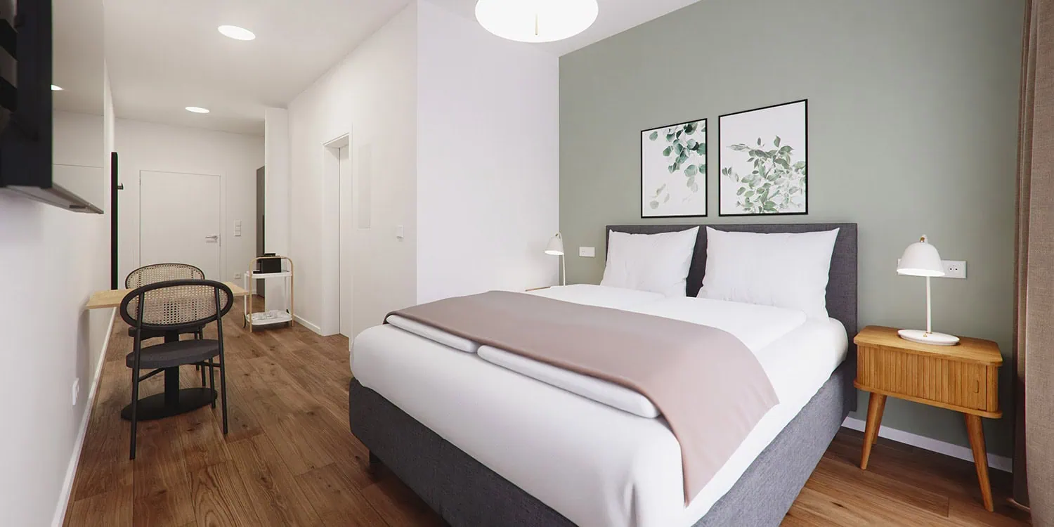 3D-Innenraumvisualisierung eines Hotelzimmers als Totale