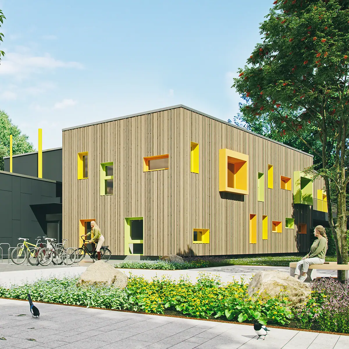 3D-Architekturvisualisierung einer Kita im quadratischen Format