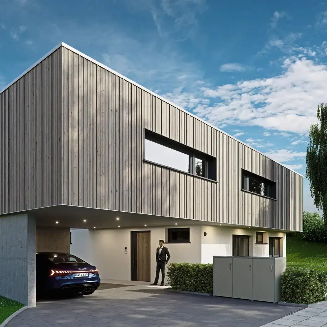 3D-Architekturvisualisierung eines luxuriösen Einfamilienhauses im quadratischen Format