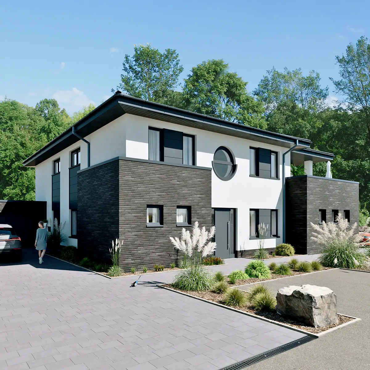 Moderne 3D-Architekturvisualisierung eines Wohnhauses im quadratischen Format