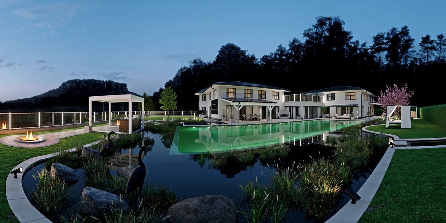 Virtuelle Tour einer Villa am Abend als breites Vorschaubild für einen begehbaren Rundgang